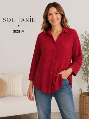 Solitaire Embroidered Button Front 3/4 Sleeve Blouse Red Size M Boho Cottagecore